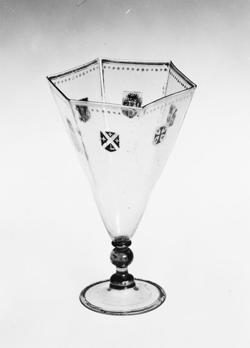 Goblet, Transparent brownish nonlead glass. Blown, enameled, gilt., Italian (probably Venice)