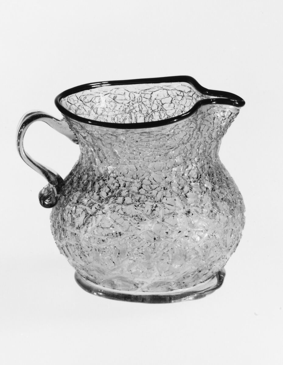 Pitcher, Colorless (gray) and transparent dark blue-green nonlead glass. Blown, ice-glass technique, trailed., Italian (Venice), or façon de Venise