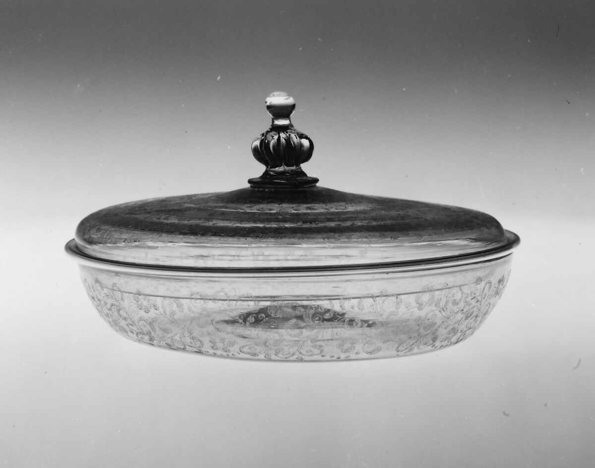 Covered bowl, Colorless (gray) nonlead glass. Blown, modeled, diamond-point (scratch) engraved., Italian (Venice) 