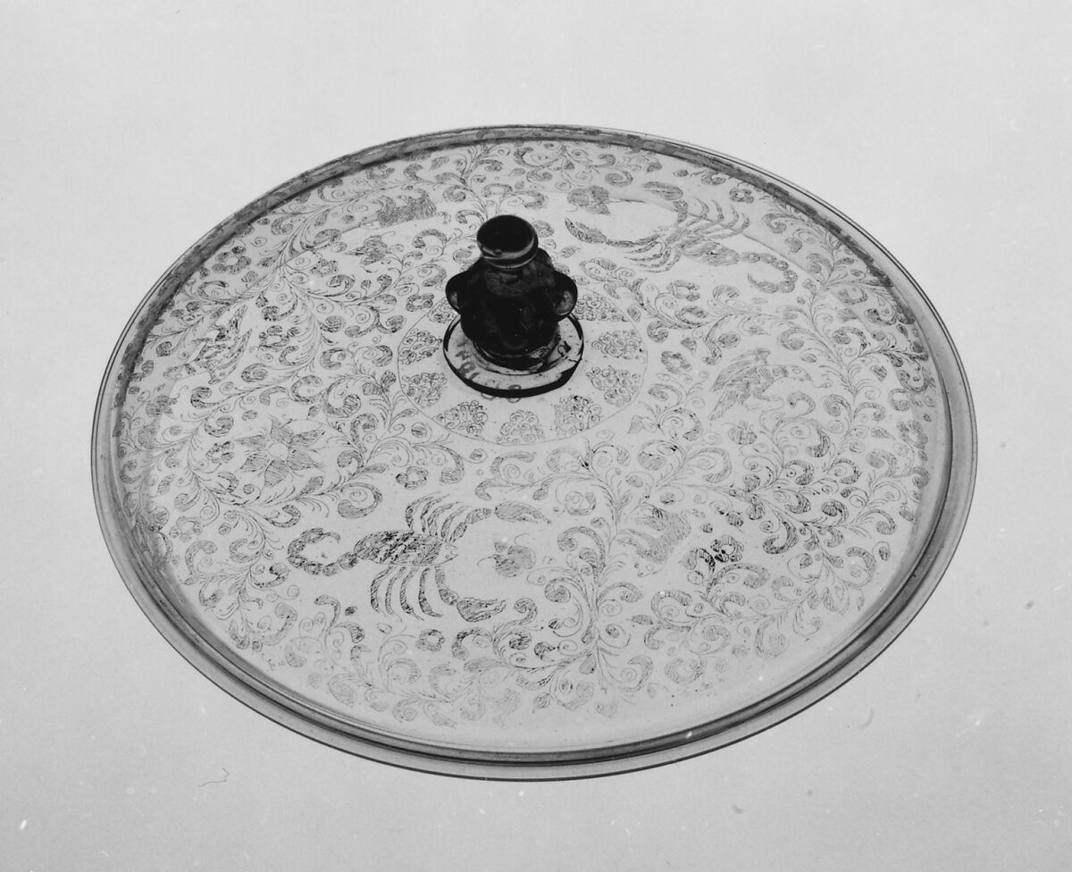 Covered bowl, Colorless (gray) nonlead glass. Blown, modeled, diamond-point (scratch) engraved., Italian (Venice)