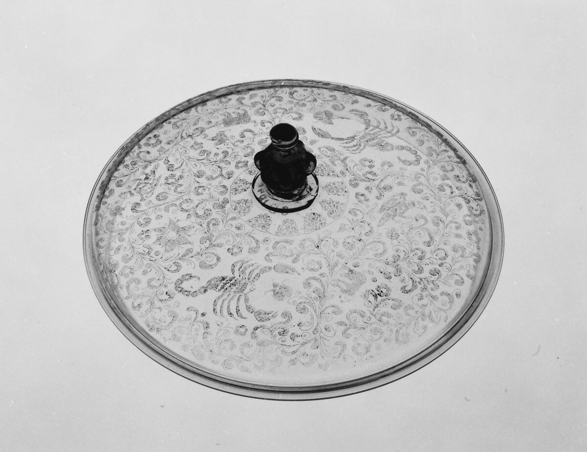 Covered bowl, Colorless (gray) nonlead glass. Blown, modeled, diamond-point (scratch) engraved., Italian (Venice)