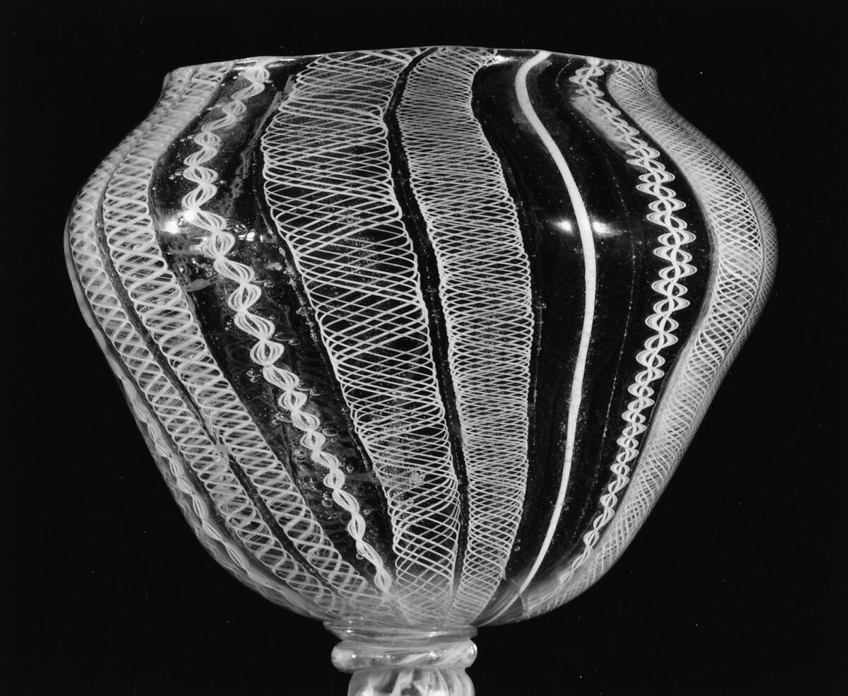 Vase, Colorless (slightly gray) and opaque white nonlead glass. Blown, "vetro a retorti"., Italian (Venice)