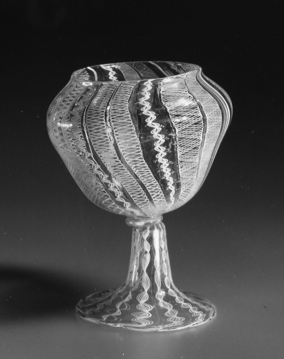 Vase, Colorless (slightly gray) and opaque white nonlead glass. Blown, "vetro a retorti"., Italian (Venice)