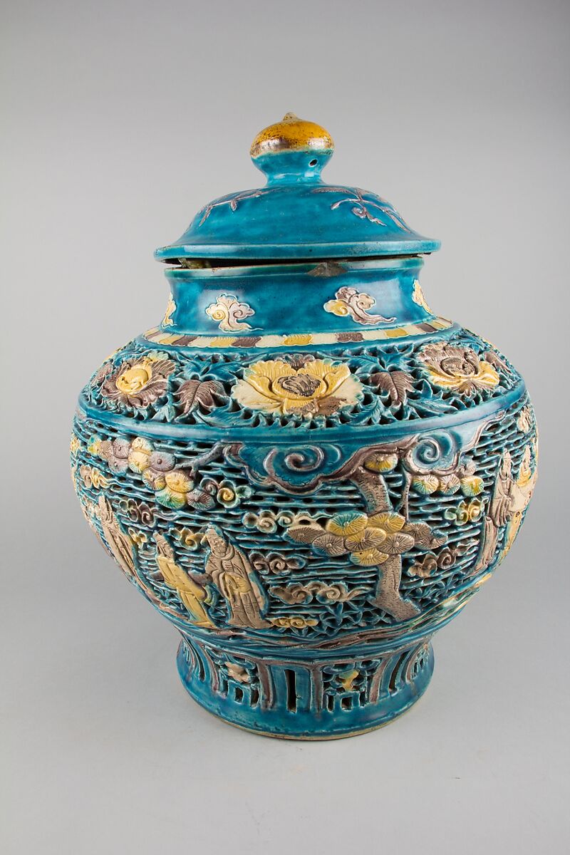 Covered Jar, Porcelain with carved, pierced, and relief decoration, in the biscuit and under colored glazes, China