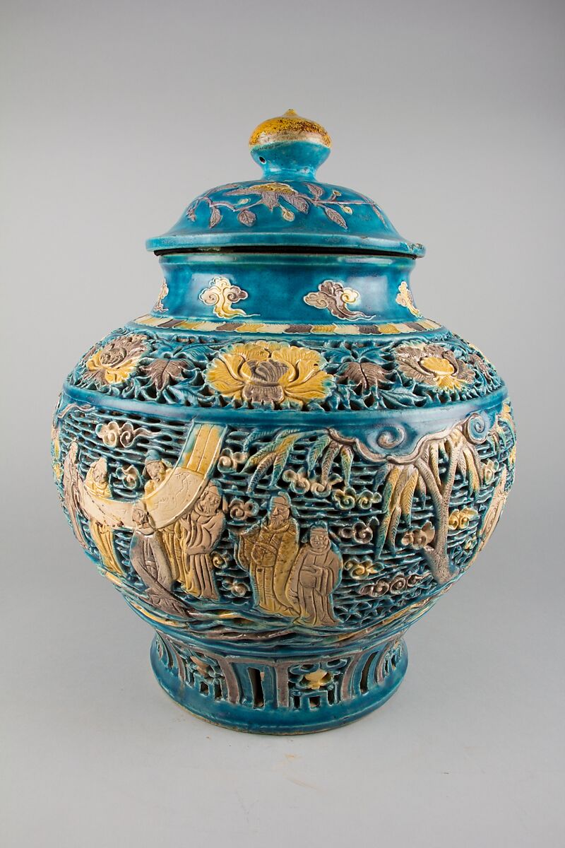 Covered Jar, Porcelain with carved, pierced, and relief decoration, in the biscuit and under colored glazes, China 