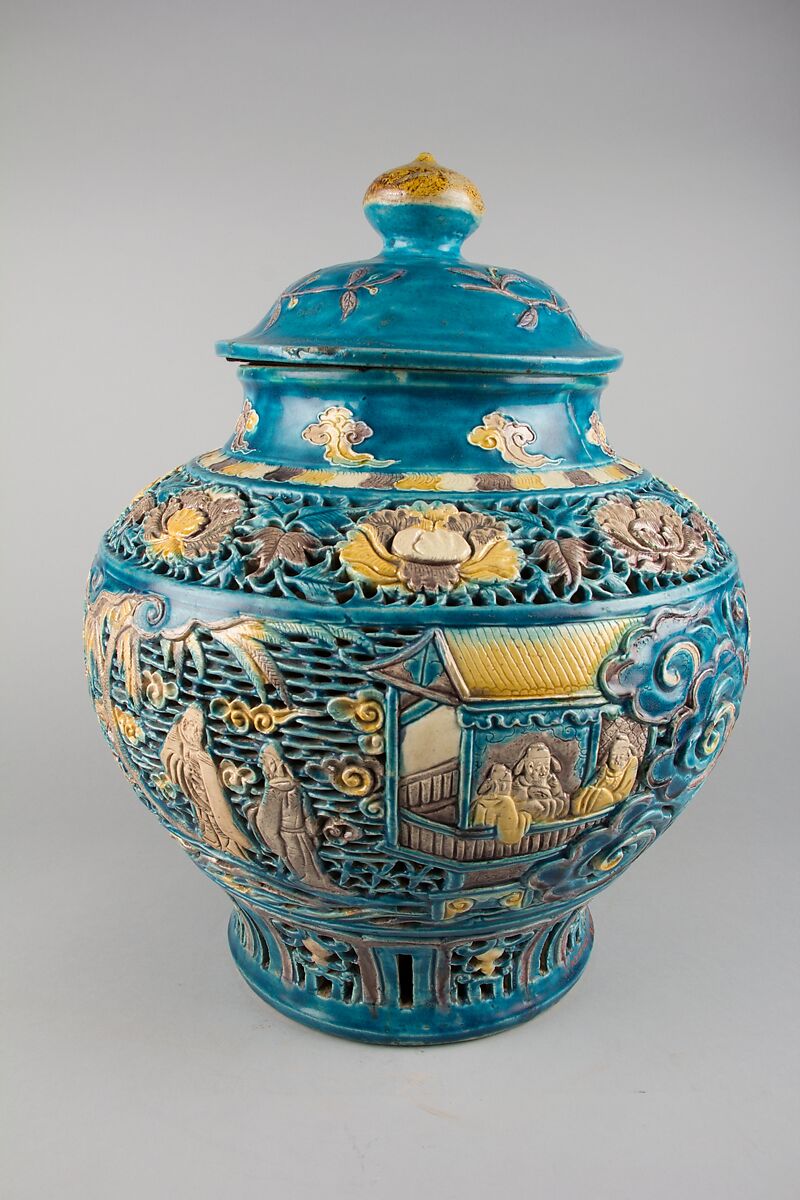 Covered Jar, Porcelain with carved, pierced, and relief decoration, in the biscuit and under colored glazes, China