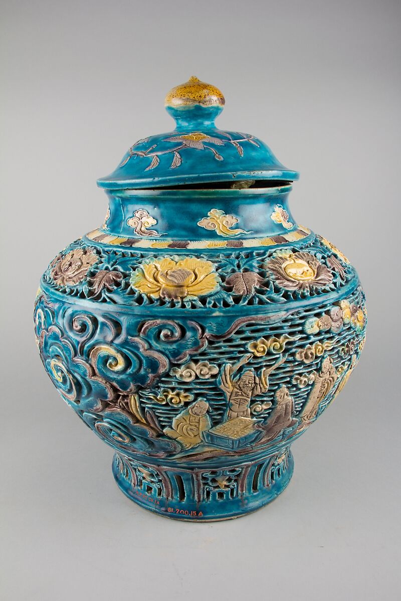 Covered Jar, Porcelain with carved, pierced, and relief decoration, in the biscuit and under colored glazes, China