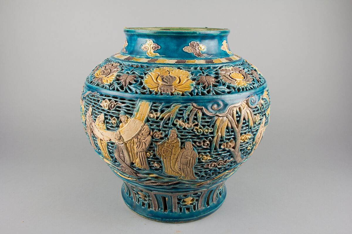 Covered Jar, Porcelain with carved, pierced, and relief decoration, in the biscuit and under colored glazes, China