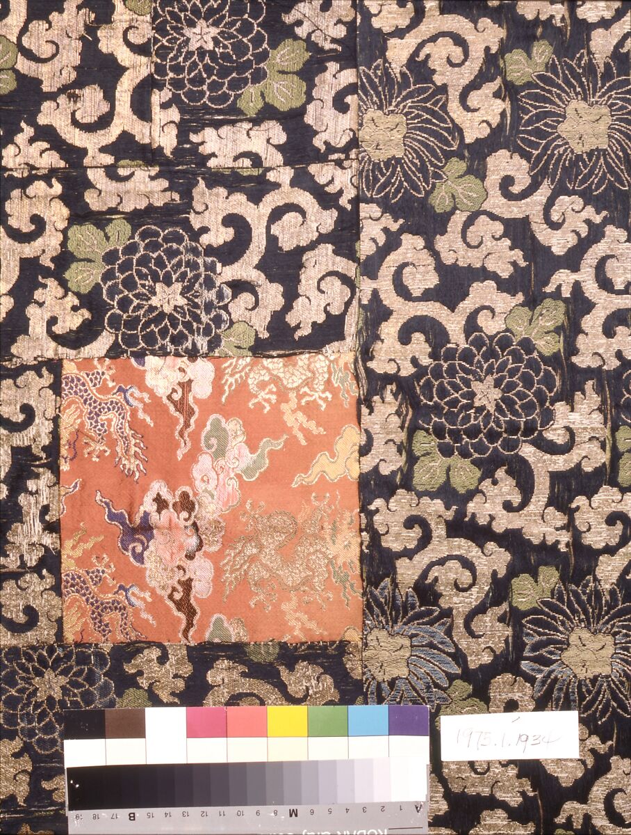 Kesa (Buddhist priest's robe), Japanese  , late Edo to early Meiji period, Silk, gold leaf on lacquered paper strip, and gold leaf on lacquered paper-strip-wrapped cotton, warp-float-faced 4/1 satin weave with weft-float-faced 1/2 "z" twill interlacings of secondary binding warps and supplementary patterning wefts., Japanese