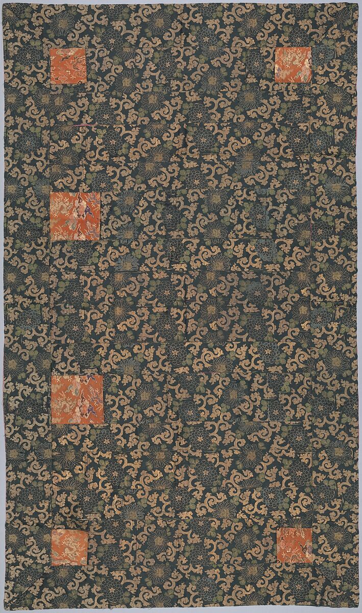 Kesa (Buddhist priest's robe), Japanese  , late Edo to early Meiji period, Silk, gold leaf on lacquered paper strip, and gold leaf on lacquered paper-strip-wrapped cotton, warp-float-faced 4/1 satin weave with weft-float-faced 1/2 "z" twill interlacings of secondary binding warps and supplementary patterning wefts., Japanese 