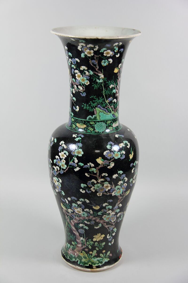 Vase with birds and flowers, Porcelain painted in polychrome enamels over black ground (Jingdezhen ware, famille noire), China