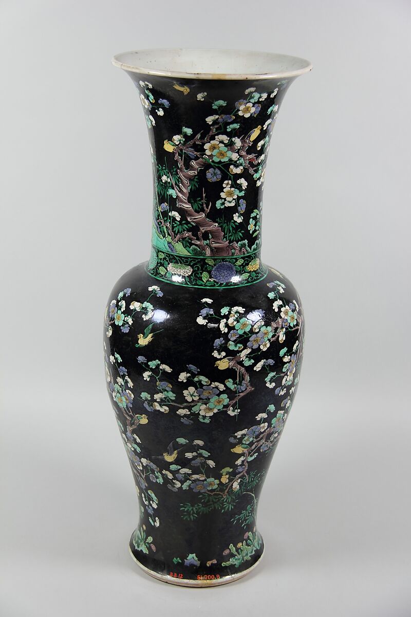 Vase with birds and flowers, Porcelain painted in polychrome enamels over black ground (Jingdezhen ware, famille noire), China