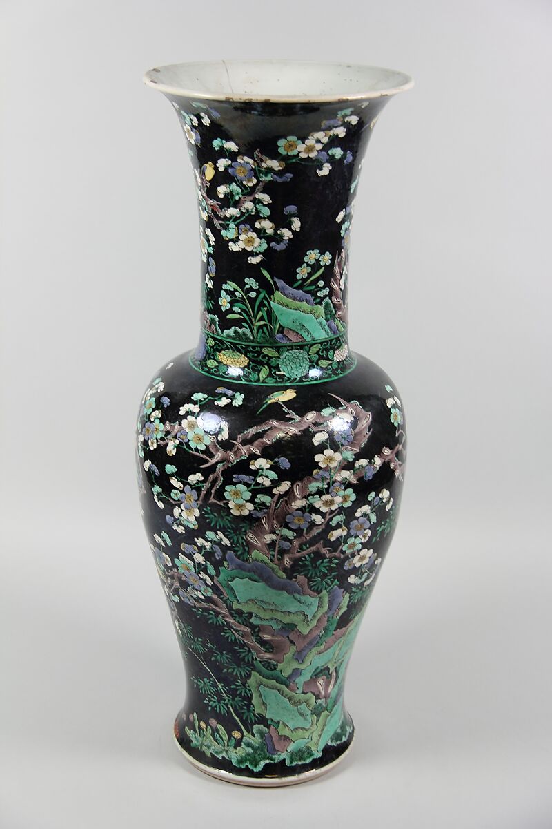Vase with birds and flowers, Porcelain painted in polychrome enamels over black ground (Jingdezhen ware, famille noire), China 
