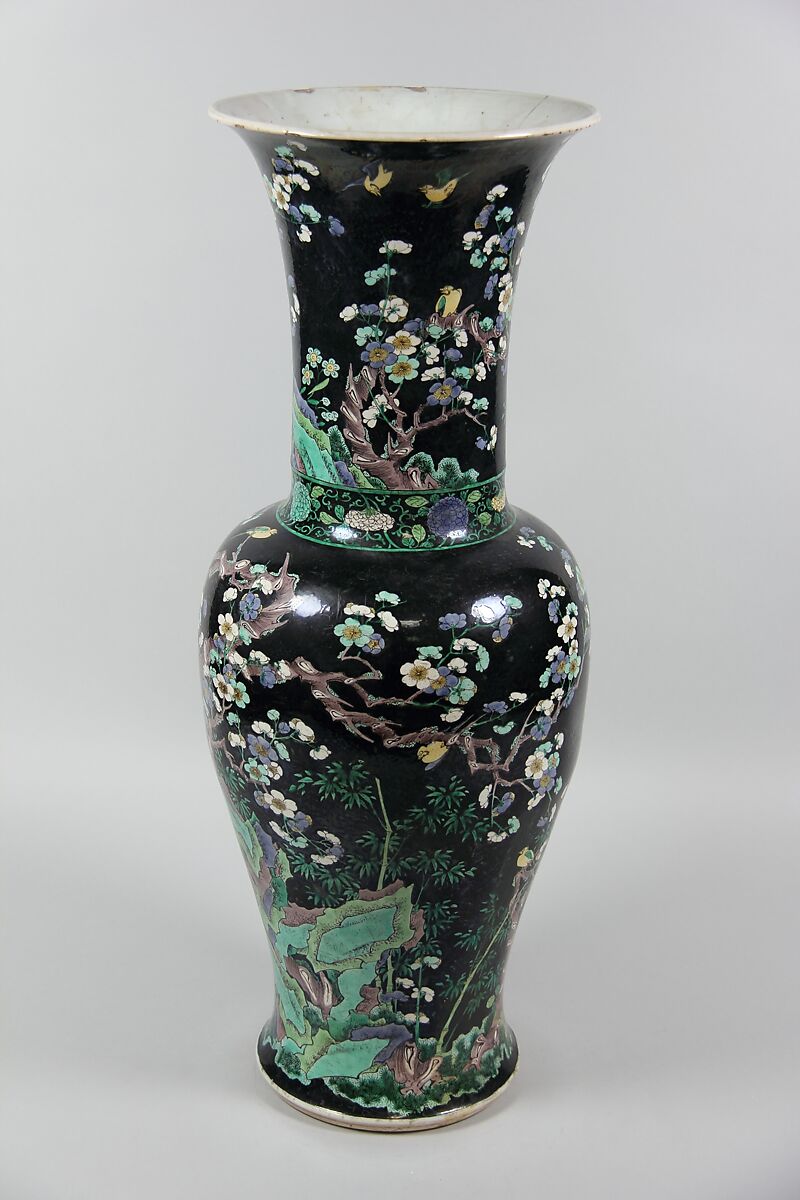 Vase with birds and flowers, Porcelain painted in polychrome enamels over black ground (Jingdezhen ware, famille noire), China