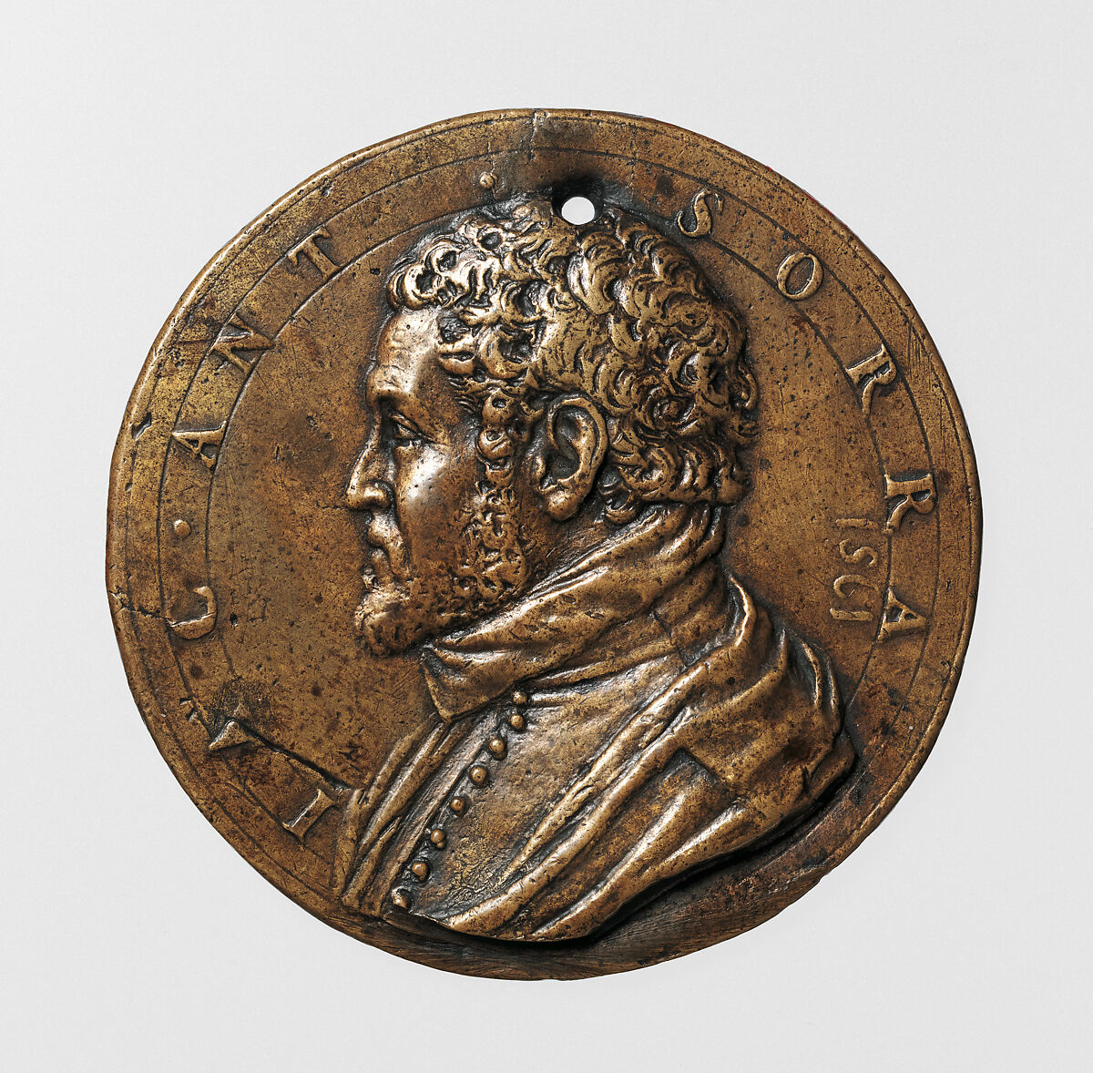 Portrait medal of Jacopo Antonio Sorra (obverse); A Nude Male Figure Shooting Arrows (reverse), Antonio Abondio (Italian, Trento 1538–1591 Vienna), Bronze (Copper alloy with a worn, dark
brown patina over a light brown patina) 