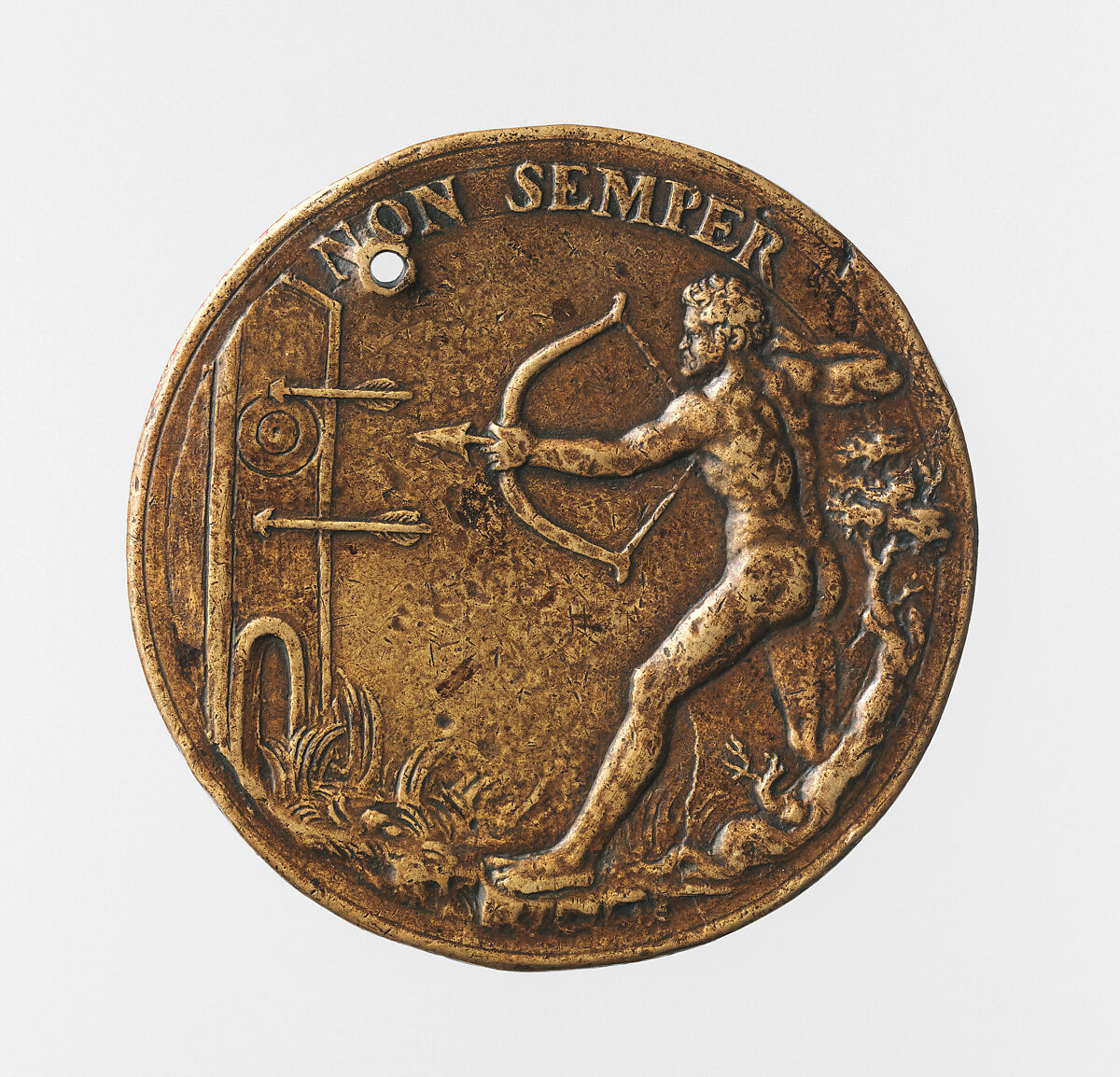 Portrait medal of Jacopo Antonio Sorra (obverse); A Nude Male Figure Shooting Arrows (reverse), Antonio Abondio (Italian, Trento 1538–1591 Vienna), Bronze (Copper alloy with a worn, dark
brown patina over a light brown patina)