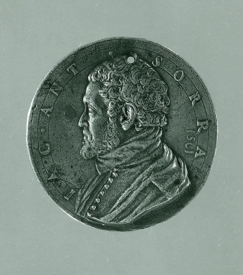 Portrait medal of Jacopo Antonio Sorra (obverse); A Nude Male Figure Shooting Arrows (reverse), Antonio Abondio (Italian, Trento 1538–1591 Vienna), Bronze (Copper alloy with a worn, dark
brown patina over a light brown patina)