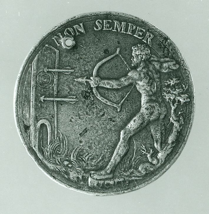 Portrait medal of Jacopo Antonio Sorra (obverse); A Nude Male Figure Shooting Arrows (reverse), Antonio Abondio (Italian, Trento 1538–1591 Vienna), Bronze (Copper alloy with a worn, dark
brown patina over a light brown patina)