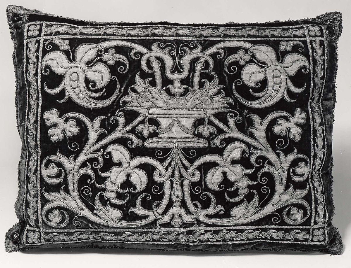 Apparel made into cushion, Silk; metal, Spanish 