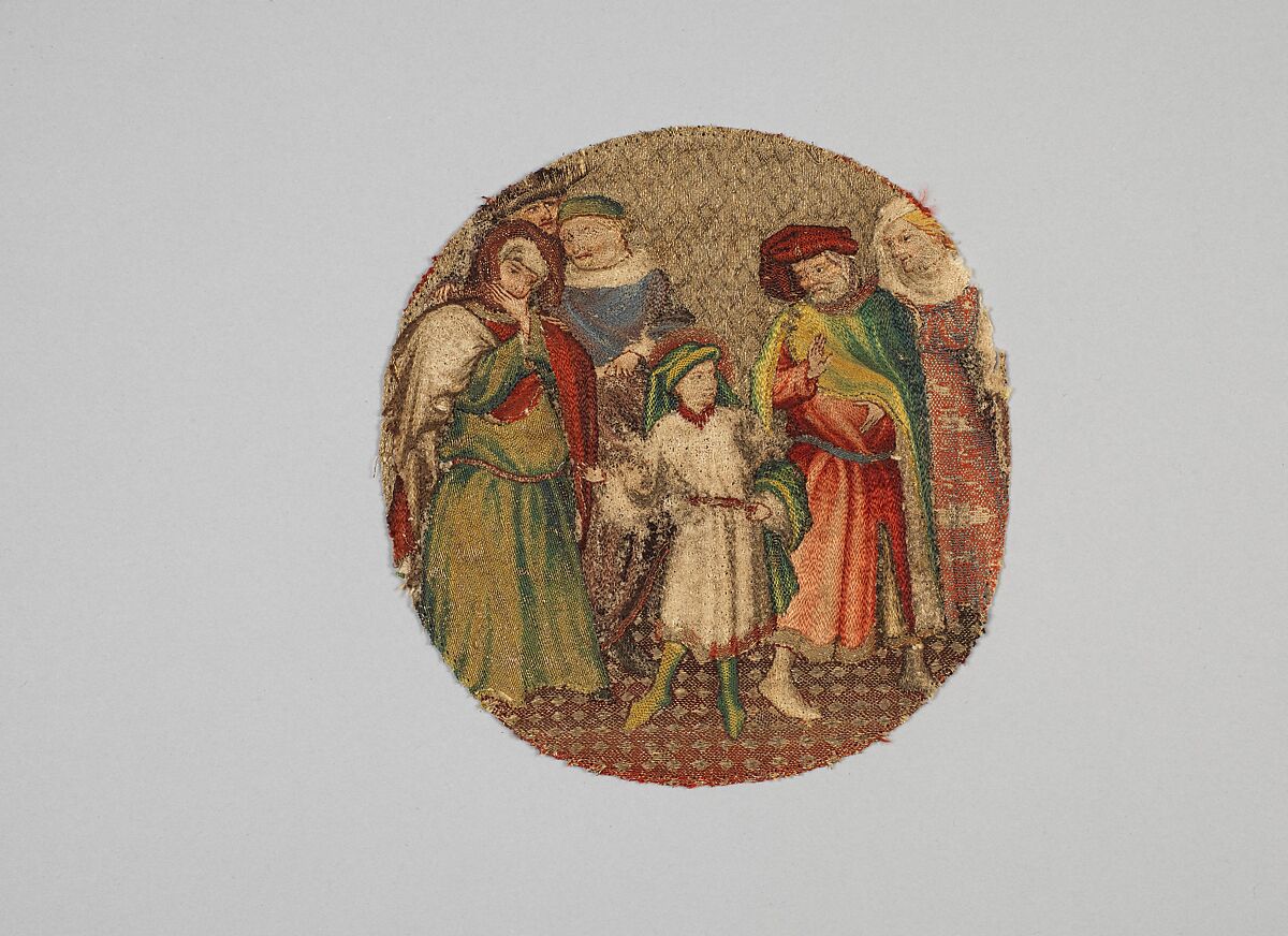 Saint Martin Announcing to His Parents That He Will Become a Christian, Linen plain weave underlaid with linen plain weave and embroidered with silk and gilt-metal-strip-wrapped silk in split and stem stitches, laid work, and couching, including or nué, Flemish 