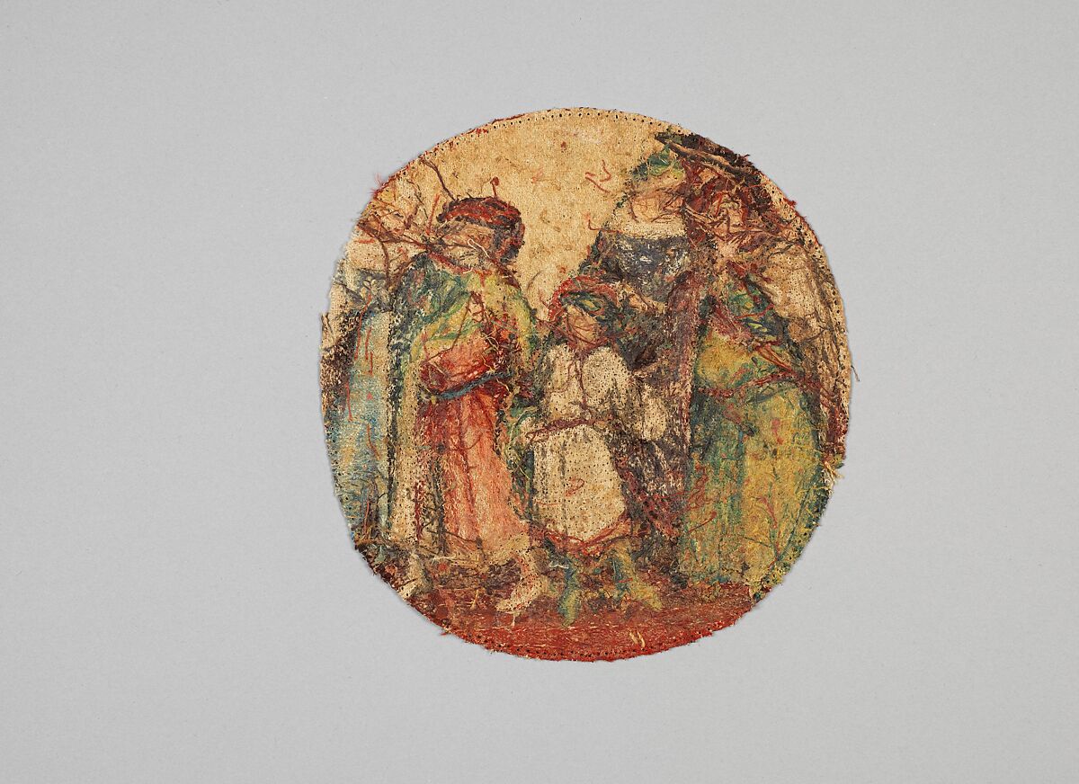 Saint Martin Announcing to His Parents That He Will Become a Christian, Linen plain weave underlaid with linen plain weave and embroidered with silk and gilt-metal-strip-wrapped silk in split and stem stitches, laid work, and couching, including or nué, Flemish