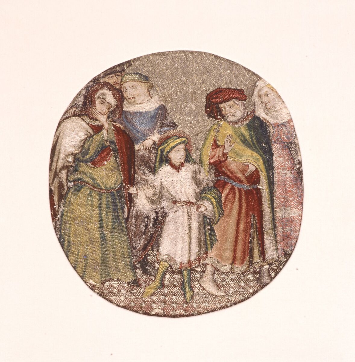 Saint Martin Announcing to His Parents That He Will Become a Christian, Linen plain weave underlaid with linen plain weave and embroidered with silk and gilt-metal-strip-wrapped silk in split and stem stitches, laid work, and couching, including or nué, Flemish