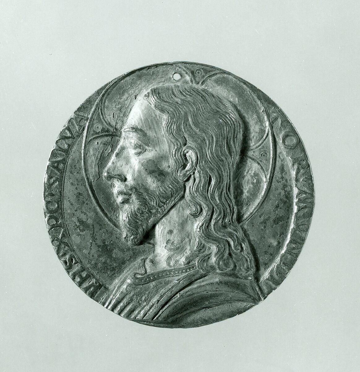 Head of Christ, Copper alloy, partly painted in red and flesh tones; pierced., Italian, Rome 