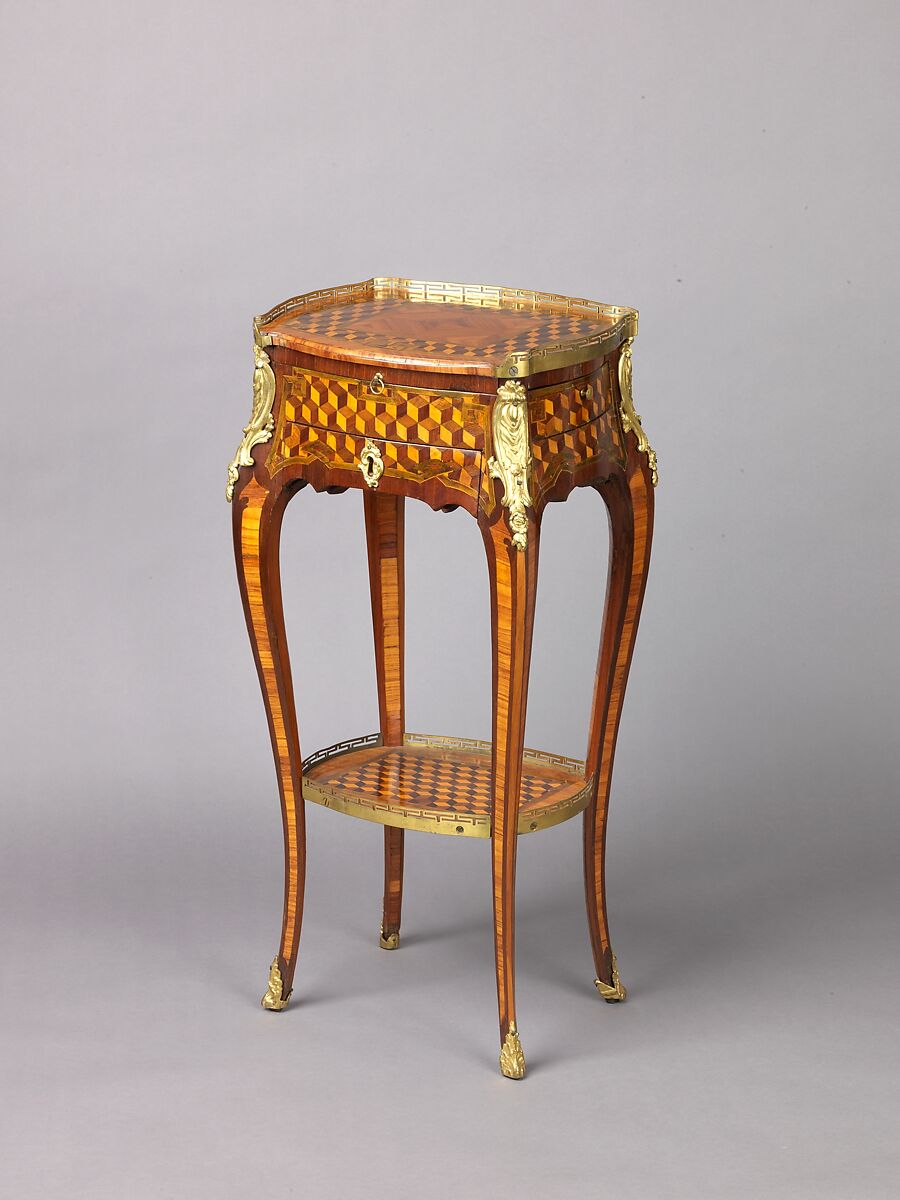 Work and writing table, Léonard Boudin (French, 1735–1807, master 1761), Oak veneered with tulipwood, amaranth, and sycamore; gilt-bronze mounts; leather dyed black with gold-tooled border. 