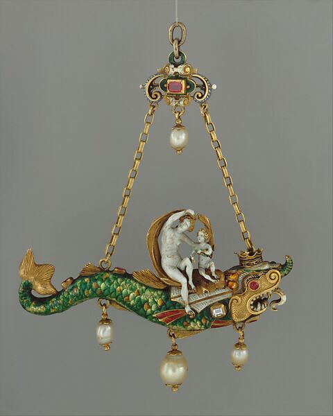 Pendant with Venus and Cupid on a Dolphin, partly designed and perhaps made by Reinhold Vasters (German, Erkelenz 1827–1909 Aachen) or, enameled gold, rubies, and pearls 