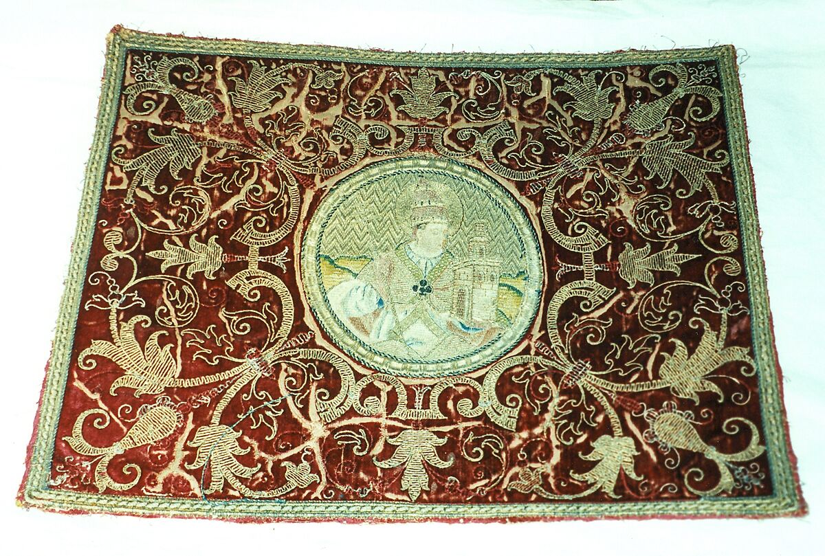 Roundel appliquéd to rectangular panel, linen, silk, and gilt metal thread appliquéd to silk cut velvet embroidered with silk and gilt metal thread in padded couching and couching of gilt metal strips., Italian or Spanish