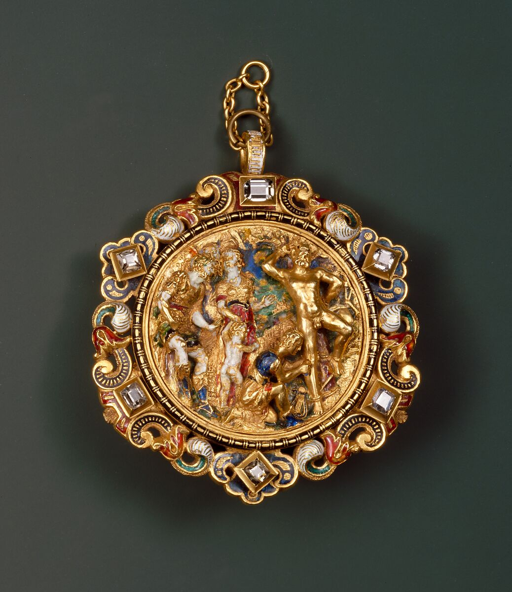 Hat Badge Mounted as a Pendant with the Flaying of Marsyas, Albert André (French, Lyons 1869–1954 Laudun), Gold, enamel and diamonds 