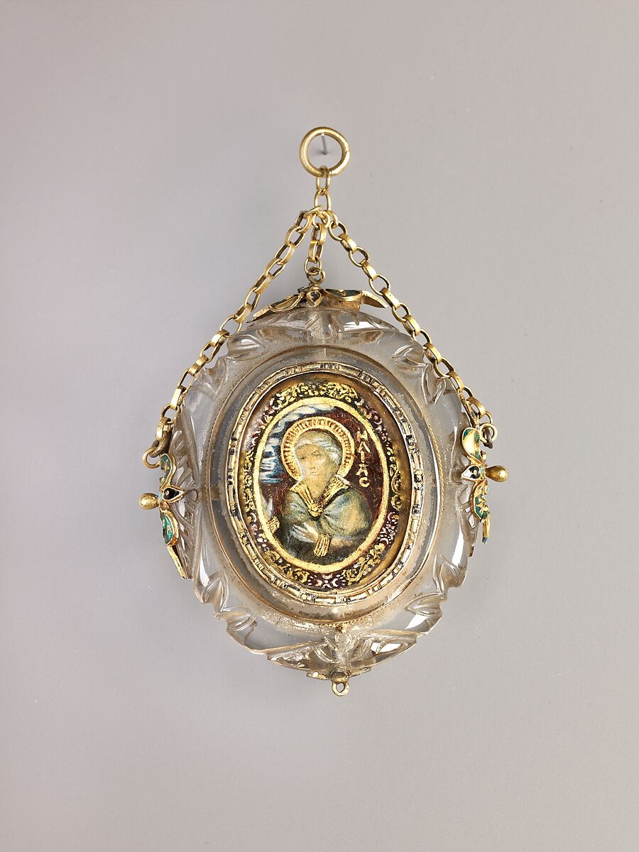 Devotional pendant, Cut and polished, reverse-painted, reverse-gilt, and reverse-silvered rock crystal; gold wire; gold; enamel; Assembled., Italian, Lombardy or possibly the Veneto 