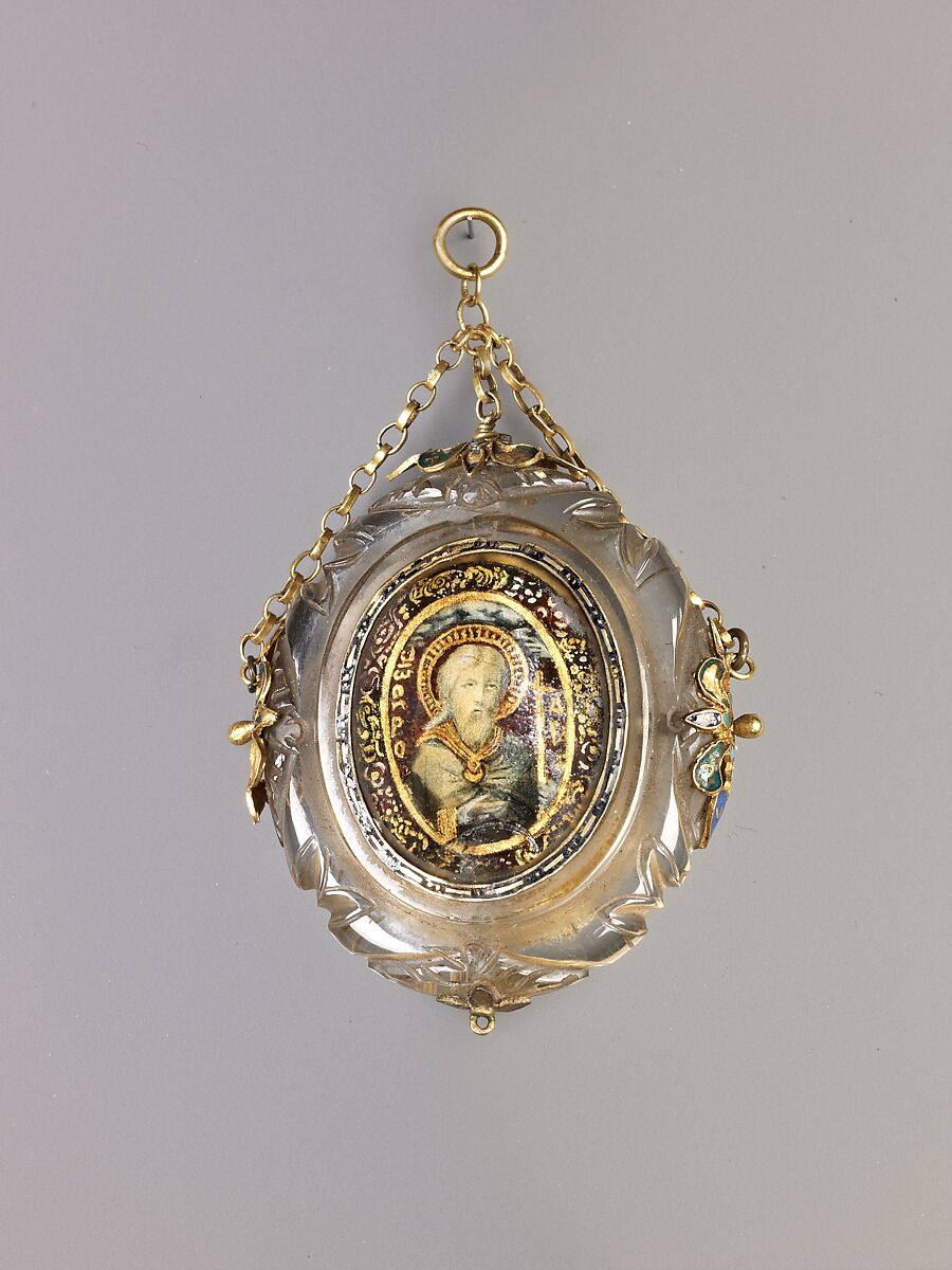 Devotional pendant, Cut and polished, reverse-painted, reverse-gilt, and reverse-silvered rock crystal; gold wire; gold; enamel; Assembled., Italian, Lombardy or possibly the Veneto