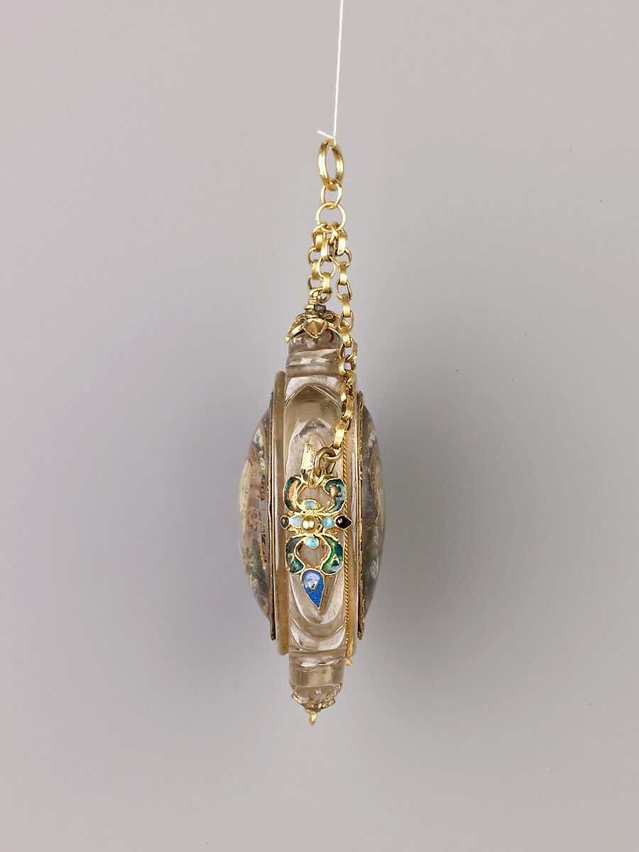 Devotional pendant, Cut and polished, reverse-painted, reverse-gilt, and reverse-silvered rock crystal; gold wire; gold; enamel; Assembled., Italian, Lombardy or possibly the Veneto