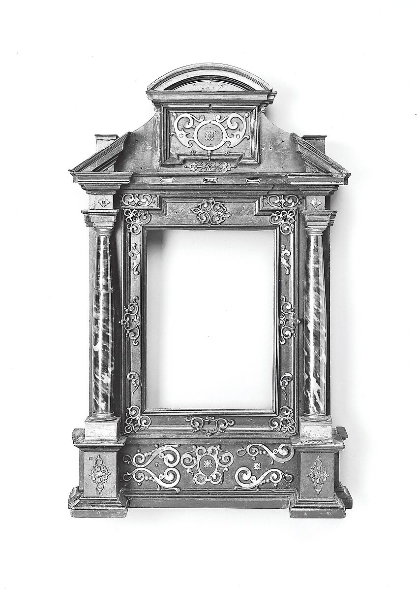 Tabernacle frame, Pine back frame and carcass with applied sawn ebony veneer and scraped moldings. Columns: tortoiseshell veneer with hollow bronze capitals and bases., Austrian, Salzburg 