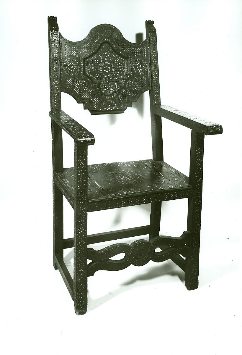 High-back chair (pair with 1975.1.1998), Various hardwoods, bone and ivory., Northern Africa (Morocco?) or Syrian (?)