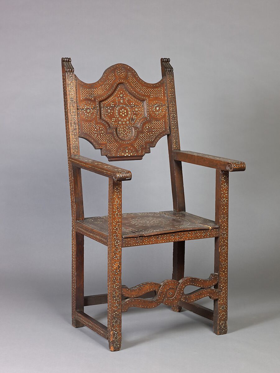 High-back chair (pair with 1975.1.1998), Various hardwoods, bone and ivory., Northern Africa (Morocco?) or Syrian (?) 