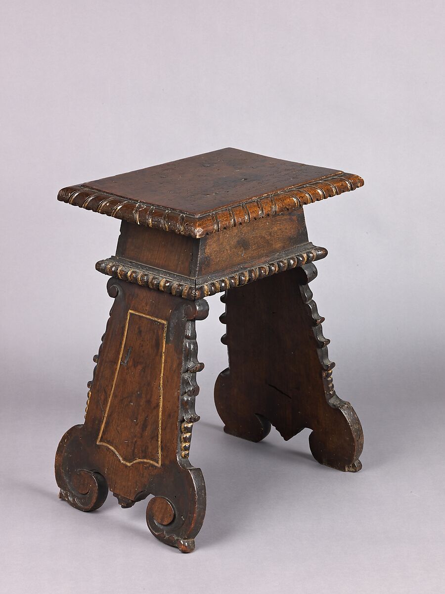 Stool (pair with 1975.1.2002), Walnut, carved, partially gilded., Italian 
