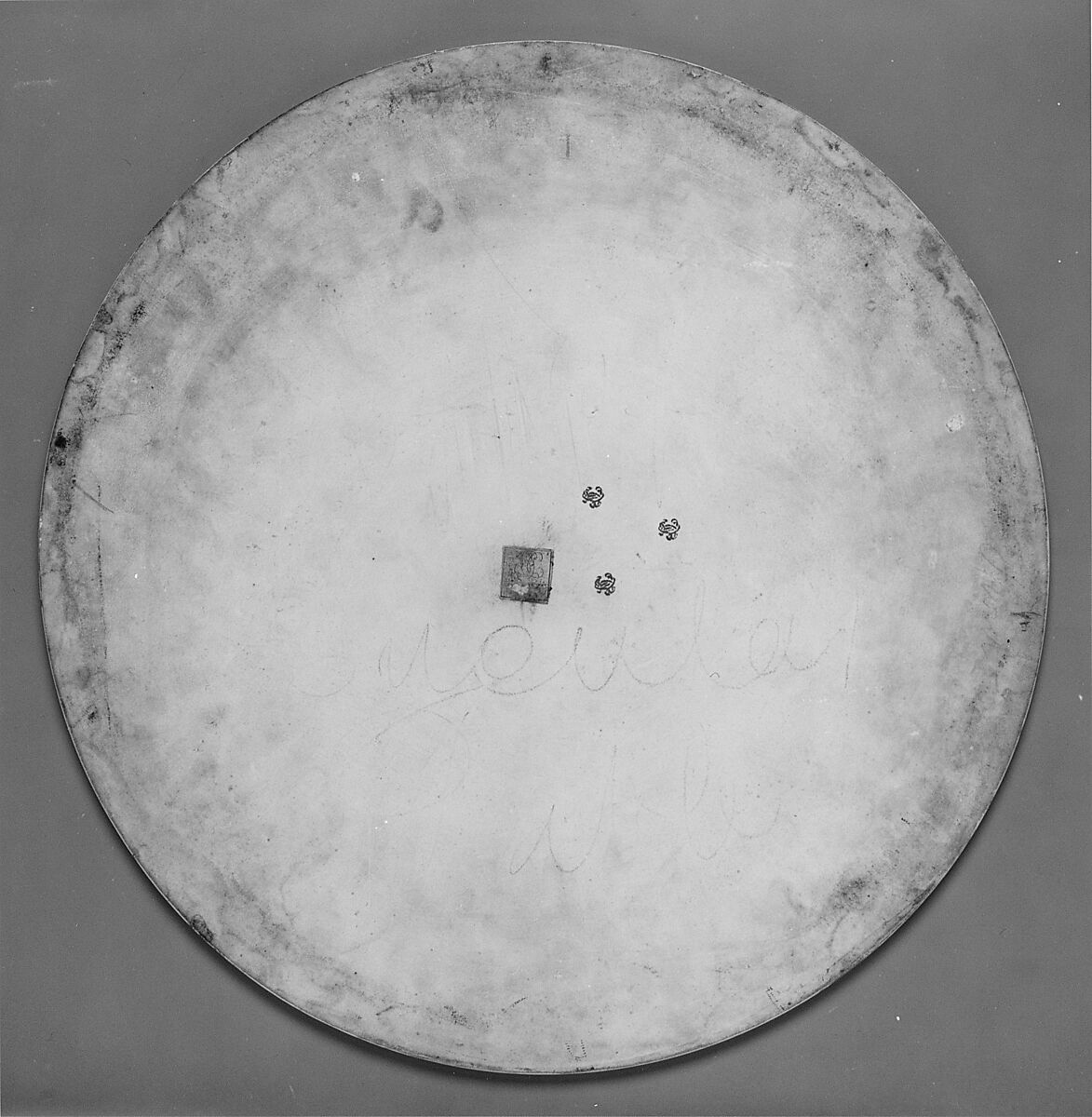 Louis XVI round table with sevres top, Oak veneered with tulipwood, rosewood, green-stained maple, holly stringing; legs veneered with rosewood and partly shaded satinwood; gilt-bronze mounts., French, Paris