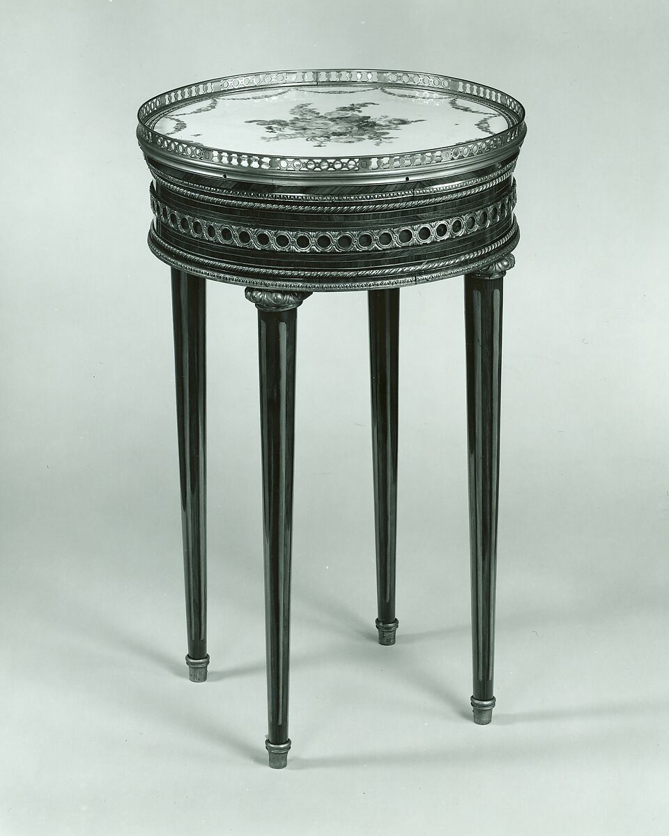 Louis XVI round table with sevres top, Oak veneered with tulipwood, rosewood, green-stained maple, holly stringing; legs veneered with rosewood and partly shaded satinwood; gilt-bronze mounts., French, Paris