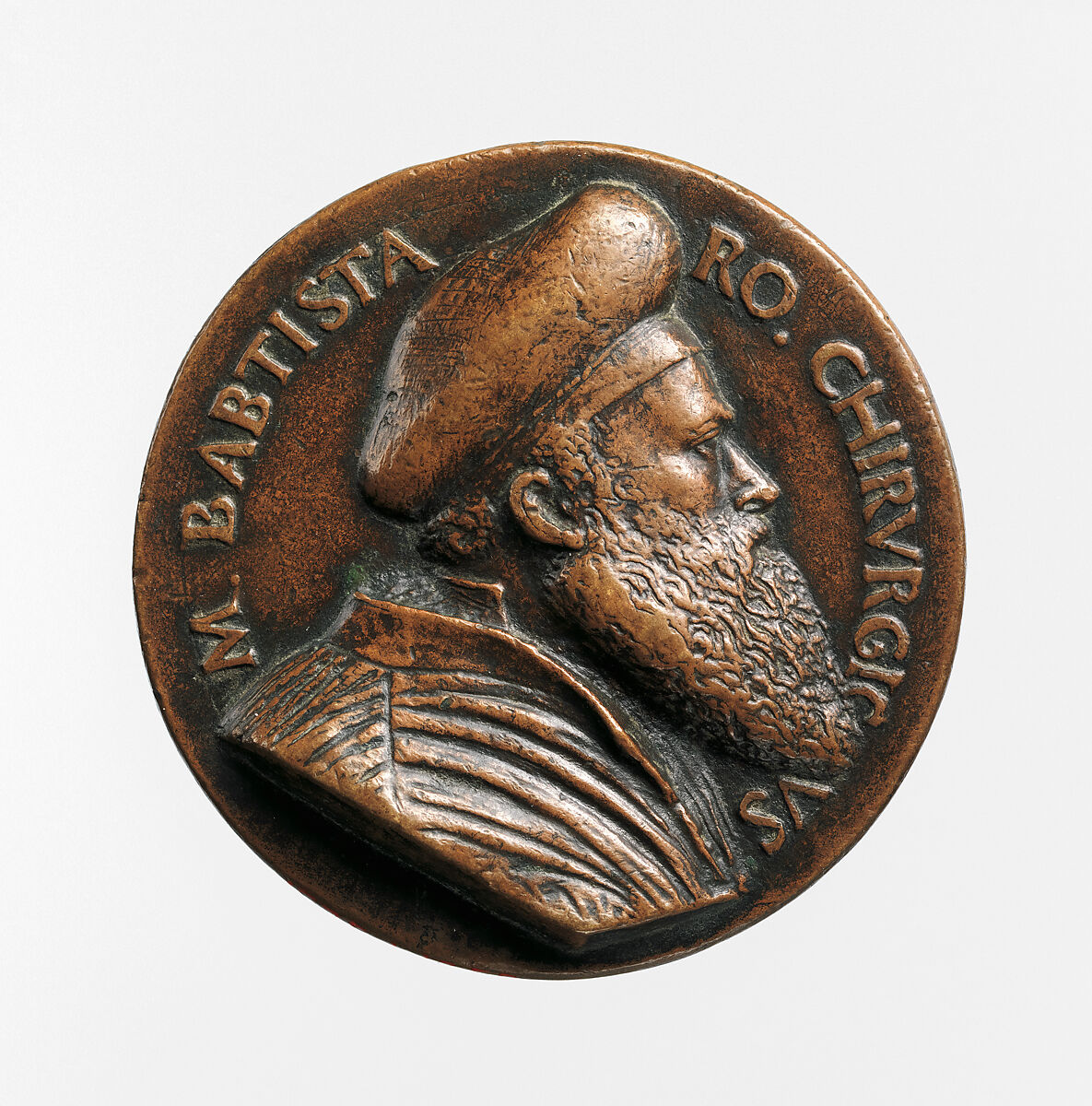 Portrait medal of Battista Vigo da Rapallo or Baptista Romanus (obverse); a Hand Holding a Branch and a Surgical Instrument, Bronze (copper alloy with light brown
patina and remnants of black wax or lacquer)., Italian, Venice or Padua (?) 