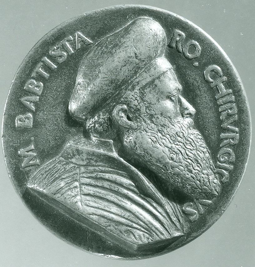 Portrait medal of Battista Vigo da Rapallo or Baptista Romanus (obverse); a Hand Holding a Branch and a Surgical Instrument, Bronze (copper alloy with light brown
patina and remnants of black wax or lacquer)., Italian, Venice or Padua (?)