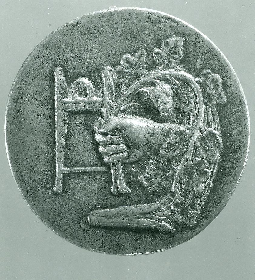 Portrait medal of Battista Vigo da Rapallo or Baptista Romanus (obverse); a Hand Holding a Branch and a Surgical Instrument, Bronze (copper alloy with light brown
patina and remnants of black wax or lacquer)., Italian, Venice or Padua (?)