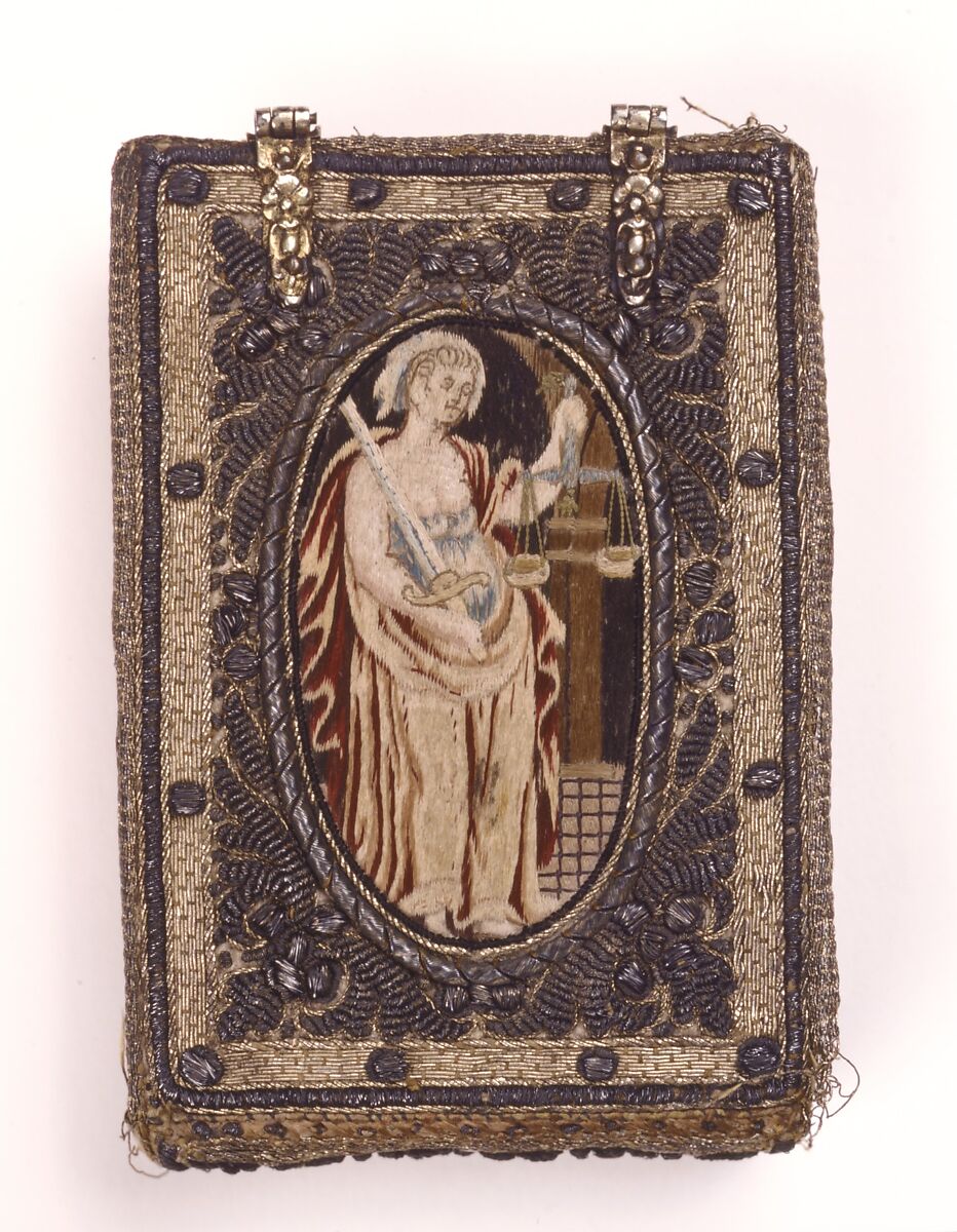 Book with Needlework Cover with Figures of Justice and Prudence, silk; metal; linen; animal glue (?); paper;, British