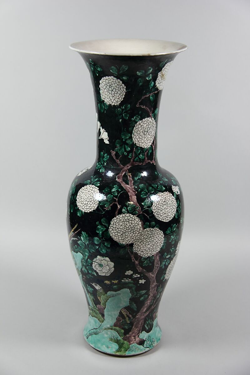 Vase with birds and flowers, Porcelain painted in polychrome enamels over black ground (Jingdezhen ware, famille noire), China 