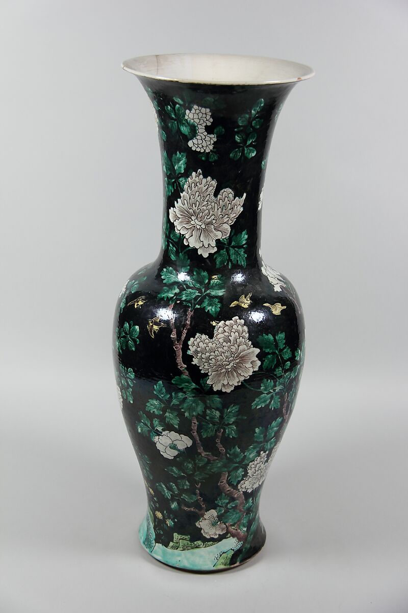 Vase with birds and flowers, Porcelain painted in polychrome enamels over black ground (Jingdezhen ware, famille noire), China