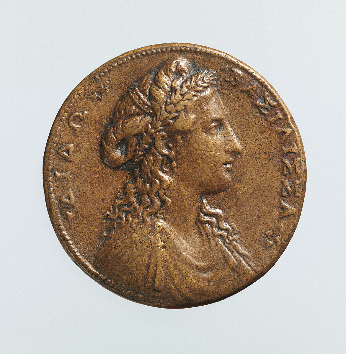 Portrait medal of Dido, Queen of Carthage (obverse); A View of Carthage (reverse), Alessandro Cesati (Italian, born Cyprus, active 1538–64), Bronze (Copper alloy with light brown
patina). 