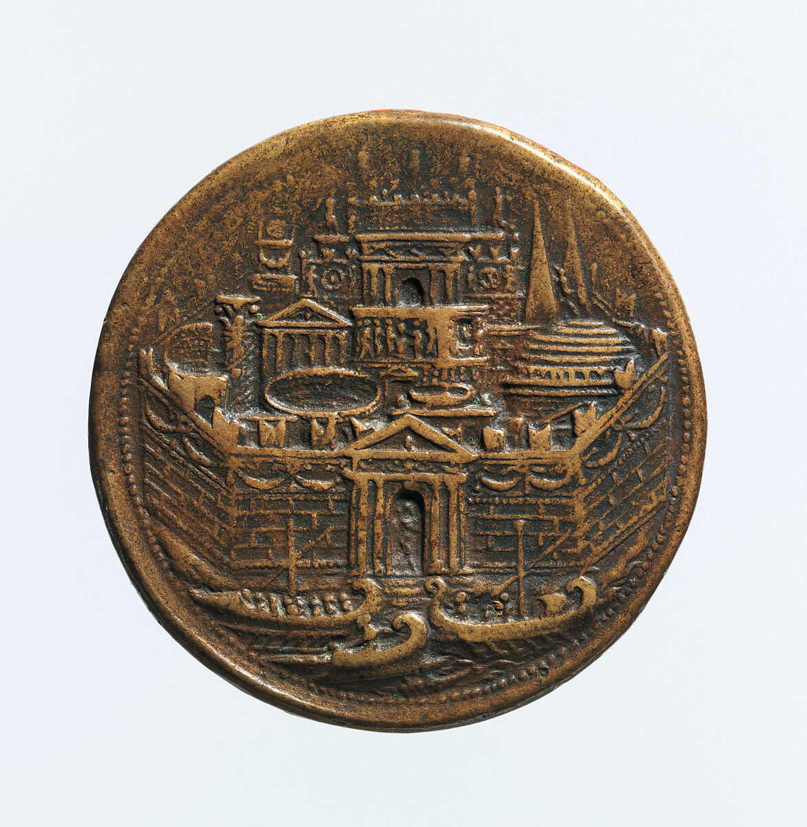 Portrait medal of Dido, Queen of Carthage (obverse); A View of Carthage (reverse), Alessandro Cesati (Italian, born Cyprus, active 1538–64), Bronze (Copper alloy with light brown
patina).