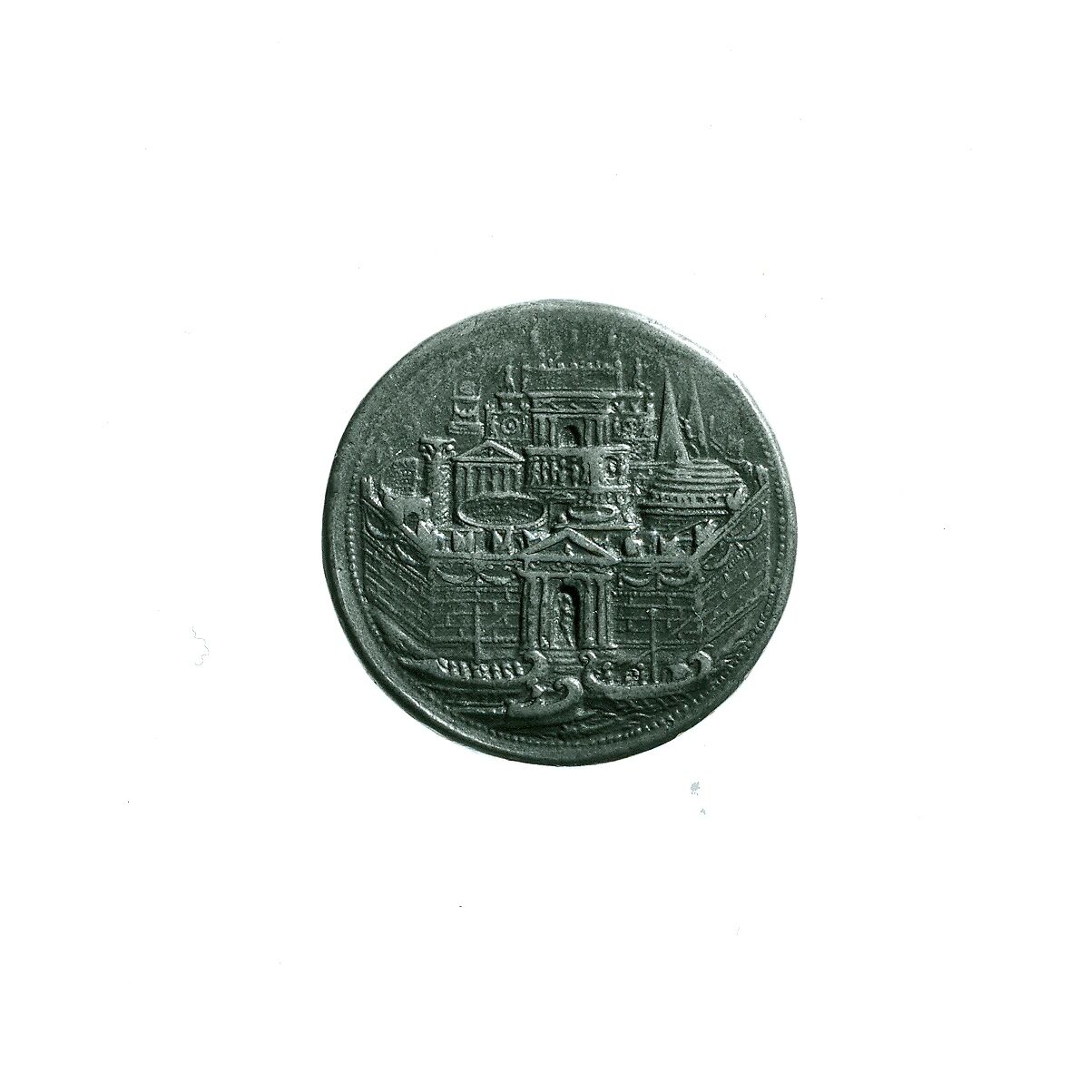Portrait medal of Dido, Queen of Carthage (obverse); A View of Carthage (reverse), Alessandro Cesati (Italian, born Cyprus, active 1538–64), Bronze (Copper alloy with light brown
patina).