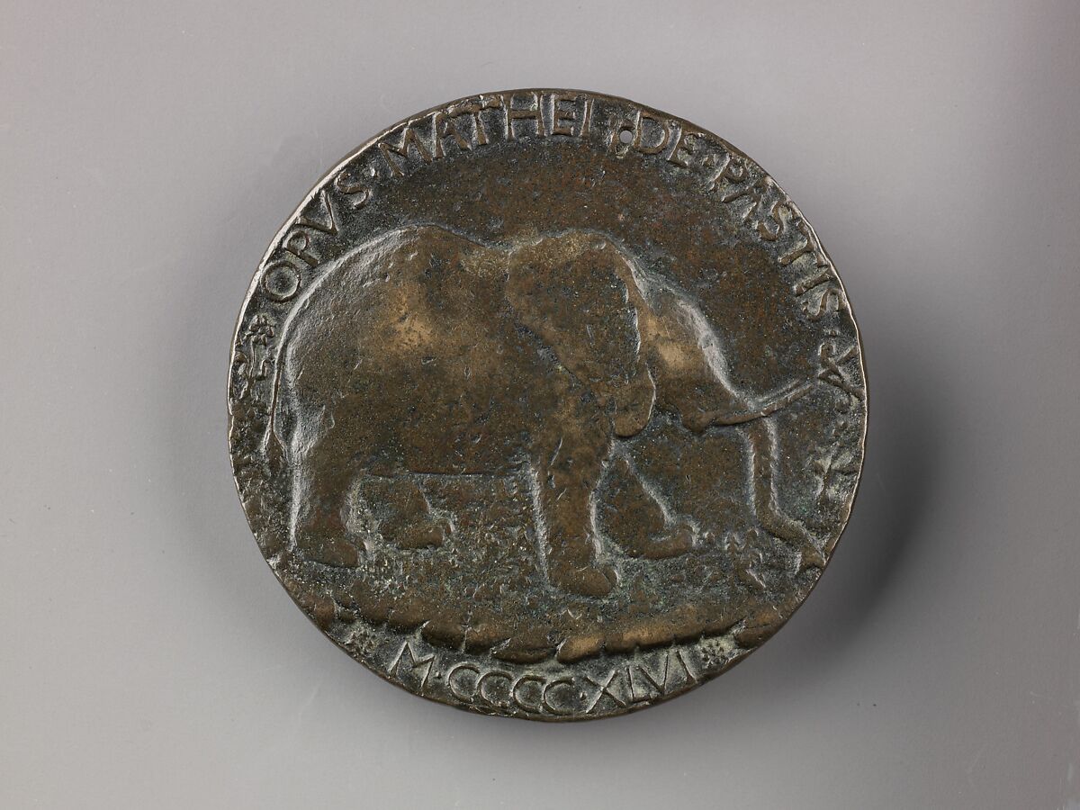 Portrait medal of Isotta degli Atti (obverse); An Elephant (reverse), Matteo de' Pasti (Italian, Verona ca. 1420–after 1467 Rimini), Bronze (copper alloy with a brown patina under a worn layer of dark brown wax)